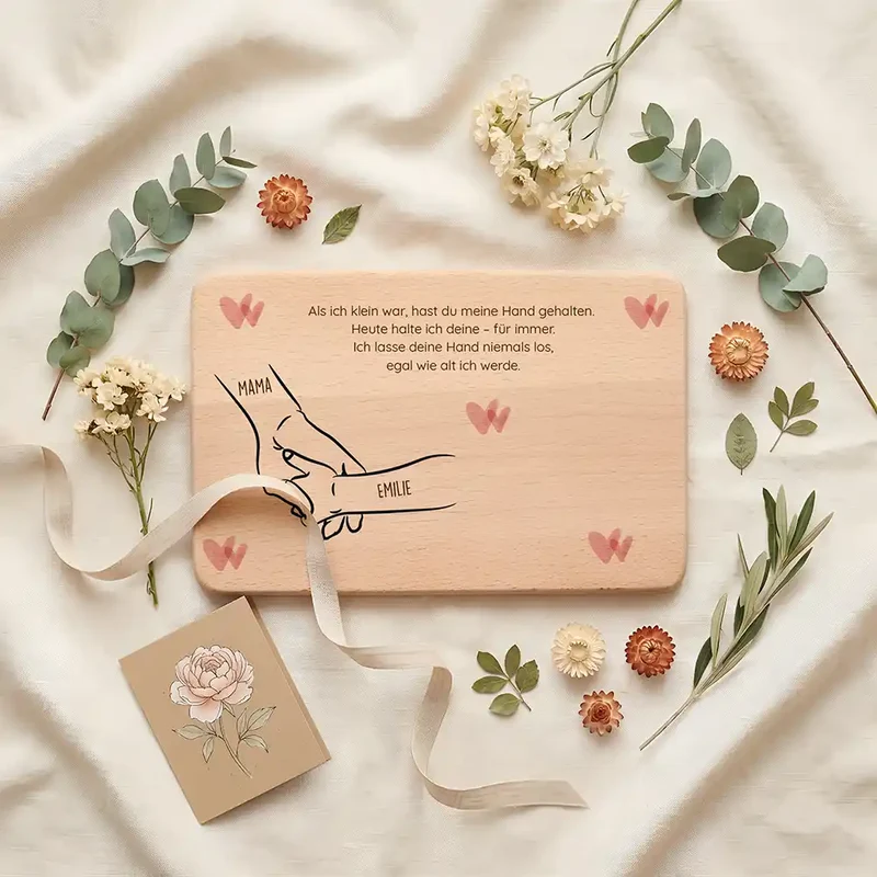 Personalisiertes Frühstücksbrettchen Muttertag – Hand in Hand Boho