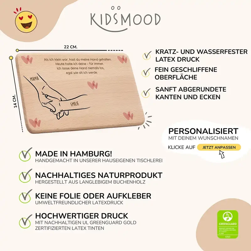 Personalisiertes Frühstücksbrettchen Muttertag – Hand in Hand Boho