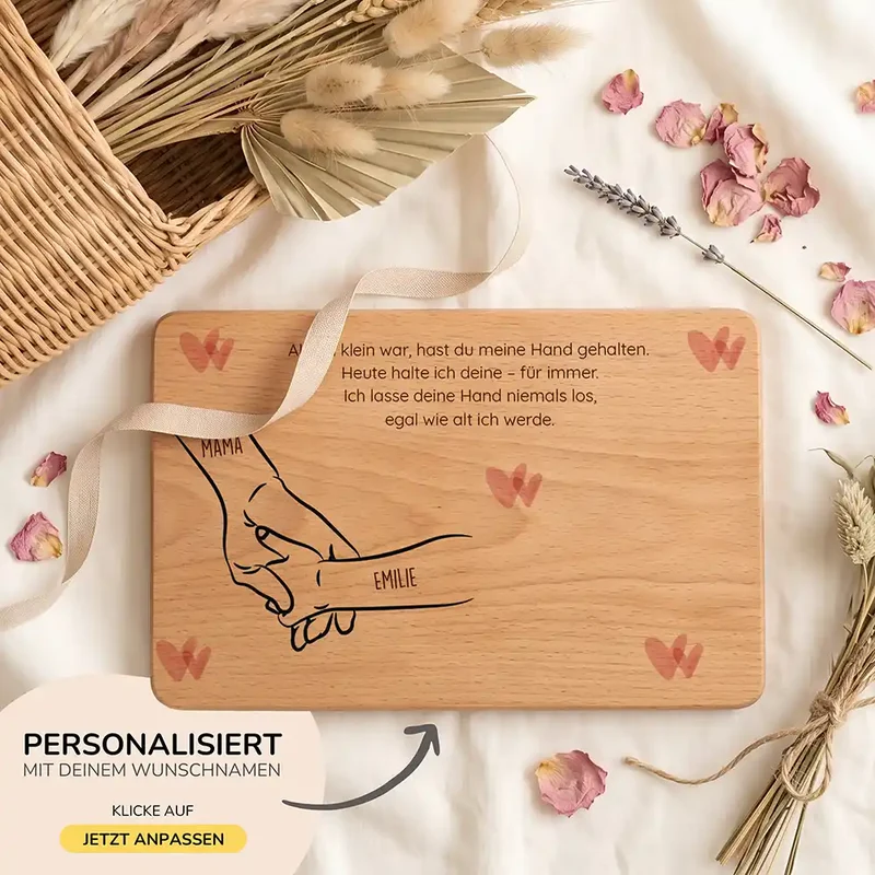 Personalisiertes Frühstücksbrettchen Muttertag – Hand in Hand Boho