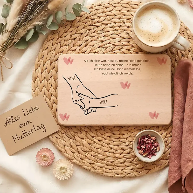 Personalisiertes Frühstücksbrettchen Muttertag – Hand in Hand Boho