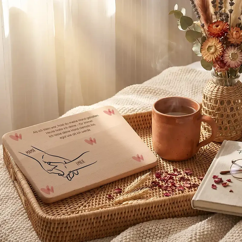 Personalisiertes Frühstücksbrettchen Muttertag – Hand in Hand Boho