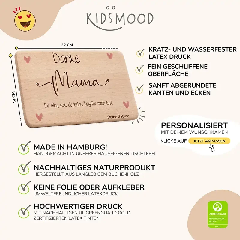 Personalisiertes Frühstücksbrettchen Muttertag – Danke Mama Herzen