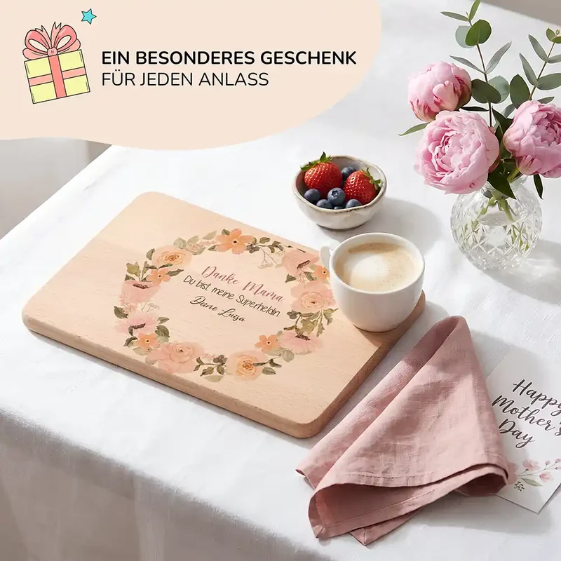Personalisiertes Frühstücksbrettchen Muttertag – Danke Mama Rosenkranz