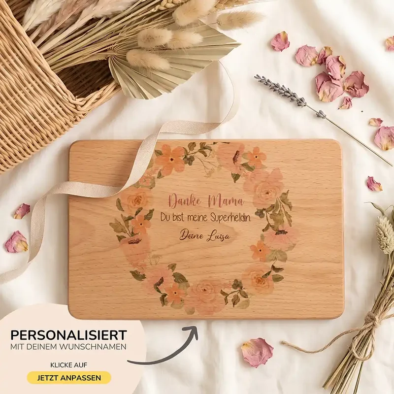 Personalisiertes Frühstücksbrettchen Muttertag – Danke Mama Rosenkranz