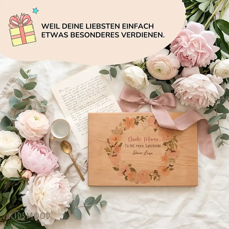 Personalisiertes Frühstücksbrettchen Muttertag – Danke Mama Rosenkranz