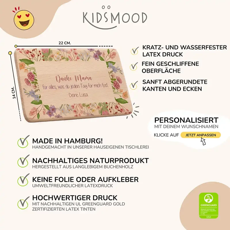 Personalisiertes Frühstücksbrettchen Muttertag – Danke Mama Blüten