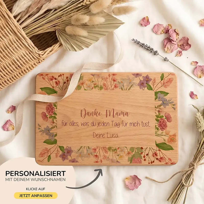 Personalisiertes Frühstücksbrettchen Muttertag – Danke Mama Blüten