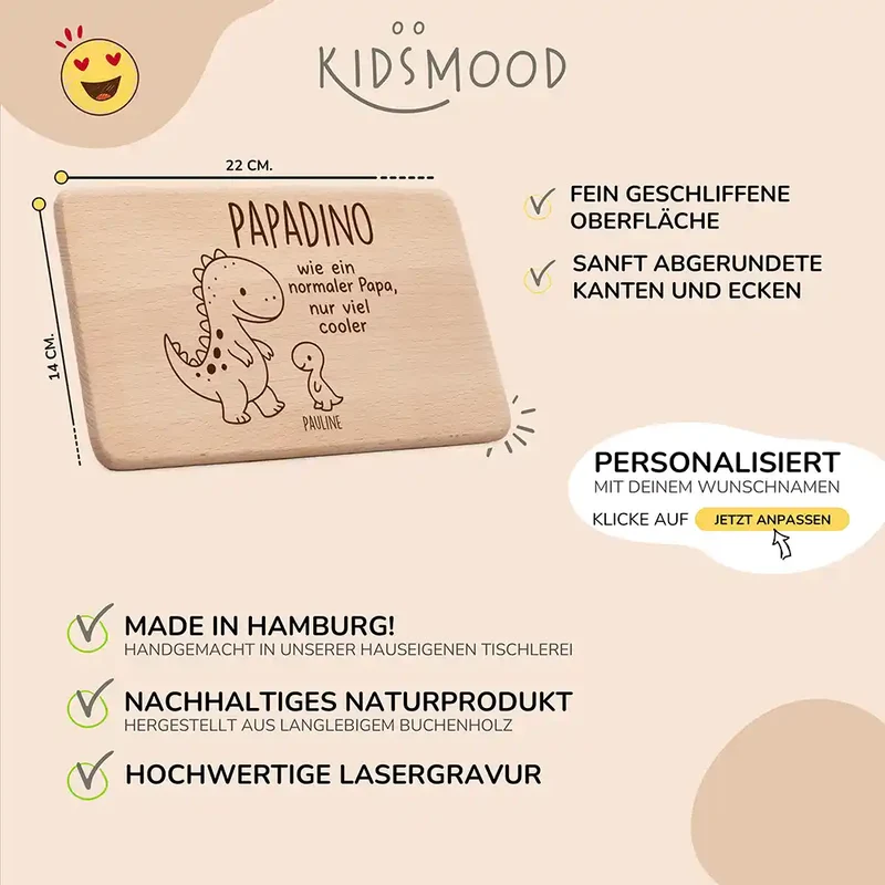 Frühstücksbrettchen Holz Dino mit Gravur - Geschenk Vatertag