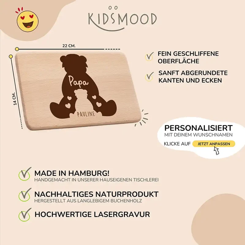 Frühstücksbrettchen Holz Papa Bär mit Gravur - Geschenk Vatertag