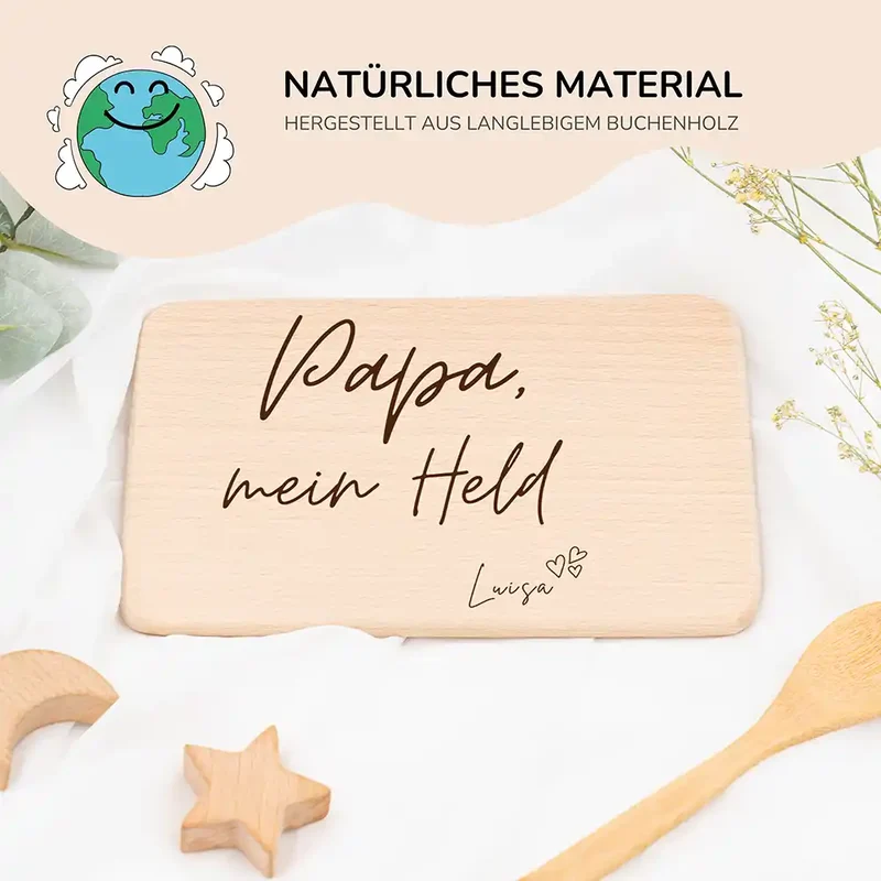 Frühstücksbrettchen Holz Papa mein Held mit Gravur - Geschenk Vatertag