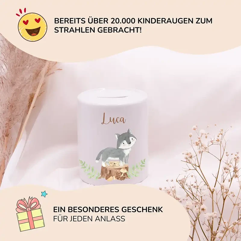Spardose Kinder aus Keramik - Wolf Waldtiere