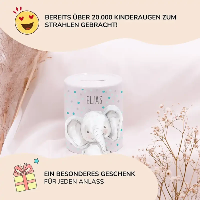 Spardose Kinder aus Keramik - Elefant mit Pünktchen