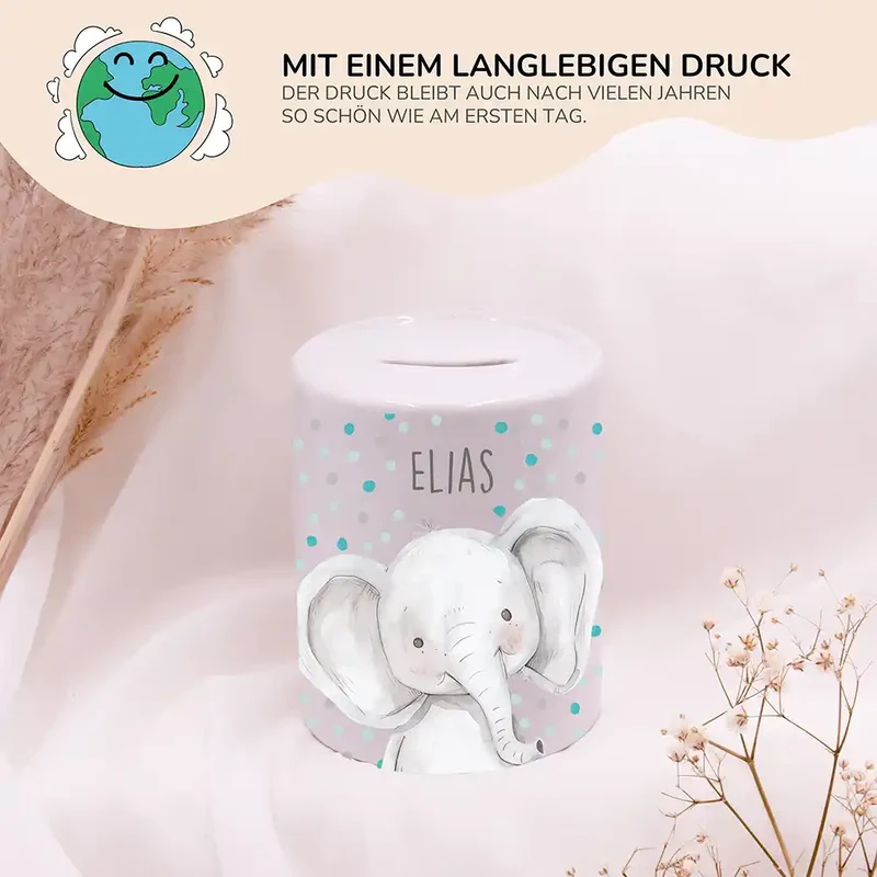 Spardose Kinder aus Keramik - Elefant mit Pünktchen