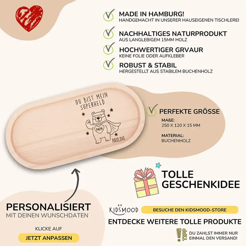 Personalisiertes Holz-Serviertablett "Superheld" - Vatertag Geschenk