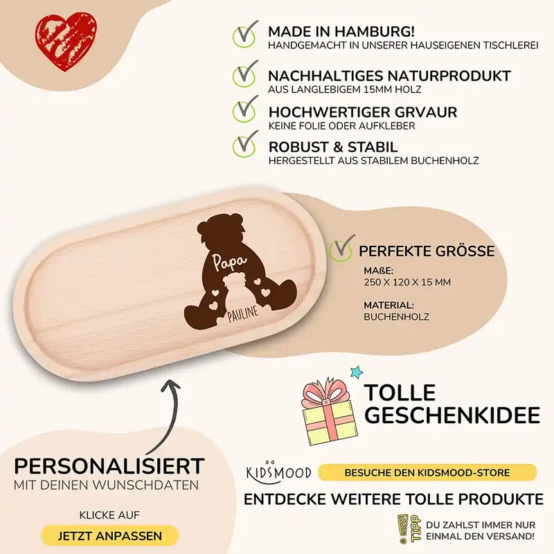 Personalisiertes Holz-Serviertablett "Papa-Bär" - Vatertag Geschenk