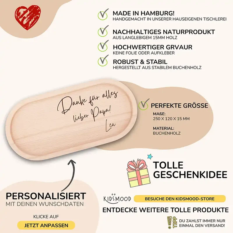 Personalisiertes Holz-Serviertablett "Danke für alles" - Vatertag Geschenk