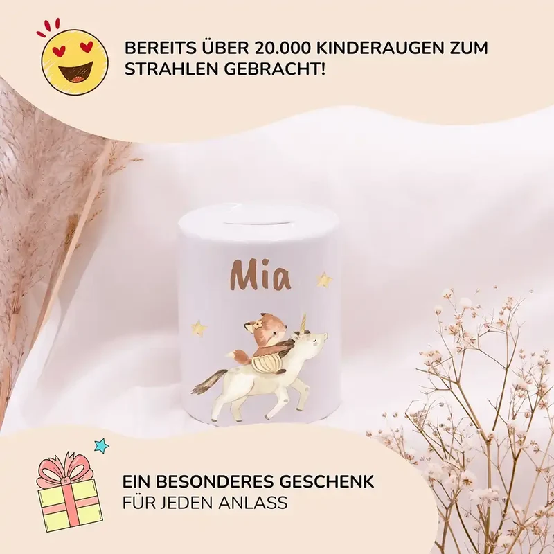 Spardose Kinder aus Keramik - Zauberhaftes Eichhörnchen auf Einhorn