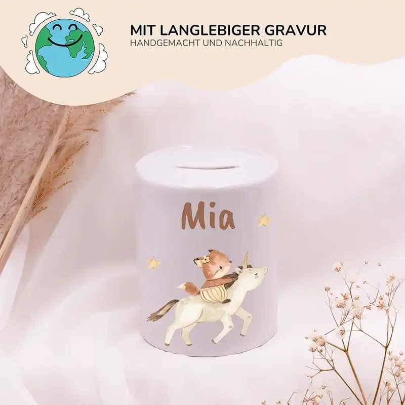 Spardose Kinder aus Keramik - Zauberhaftes Eichhörnchen auf Einhorn
