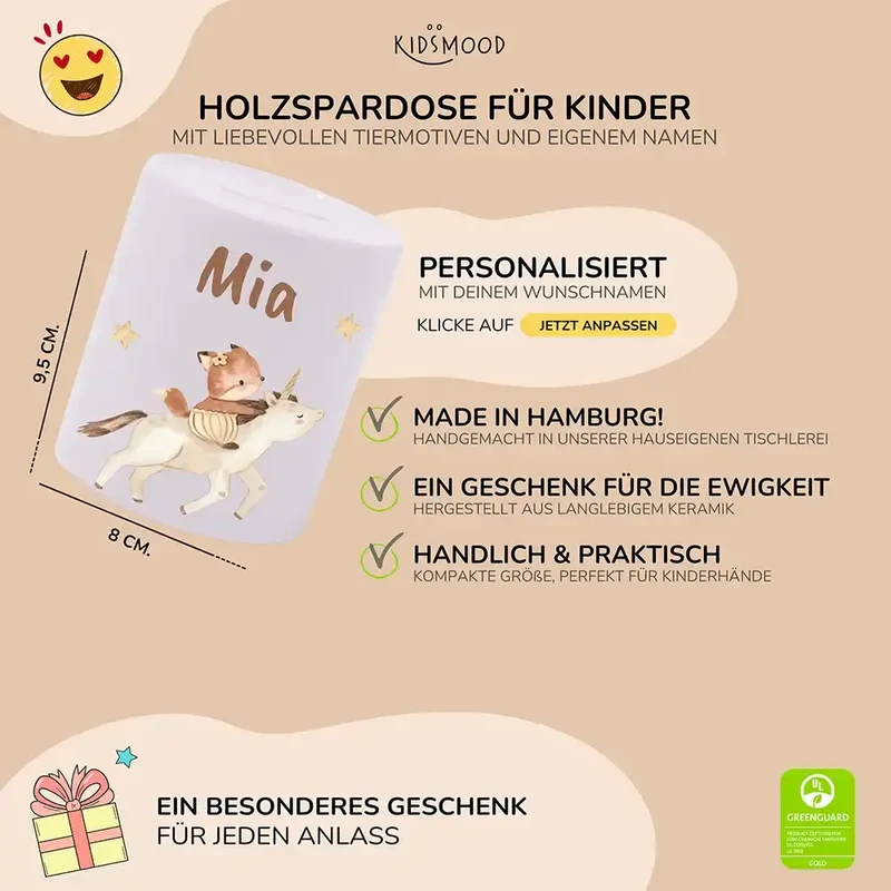 Spardose Kinder aus Keramik - Zauberhaftes Eichhörnchen auf Einhorn