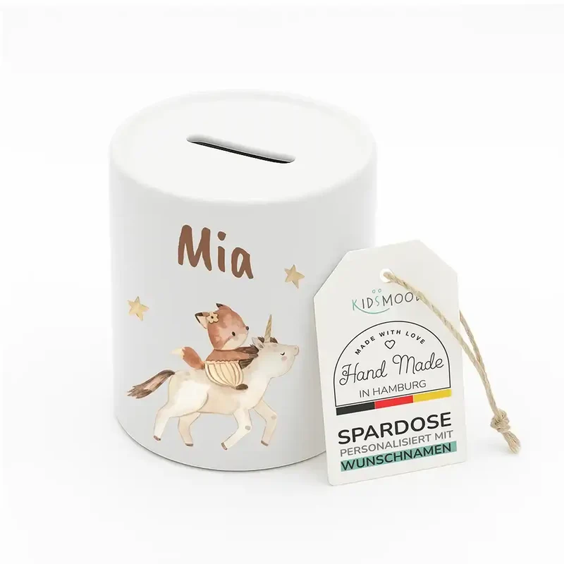Spardose Kinder aus Keramik - Zauberhaftes Eichhörnchen auf Einhorn