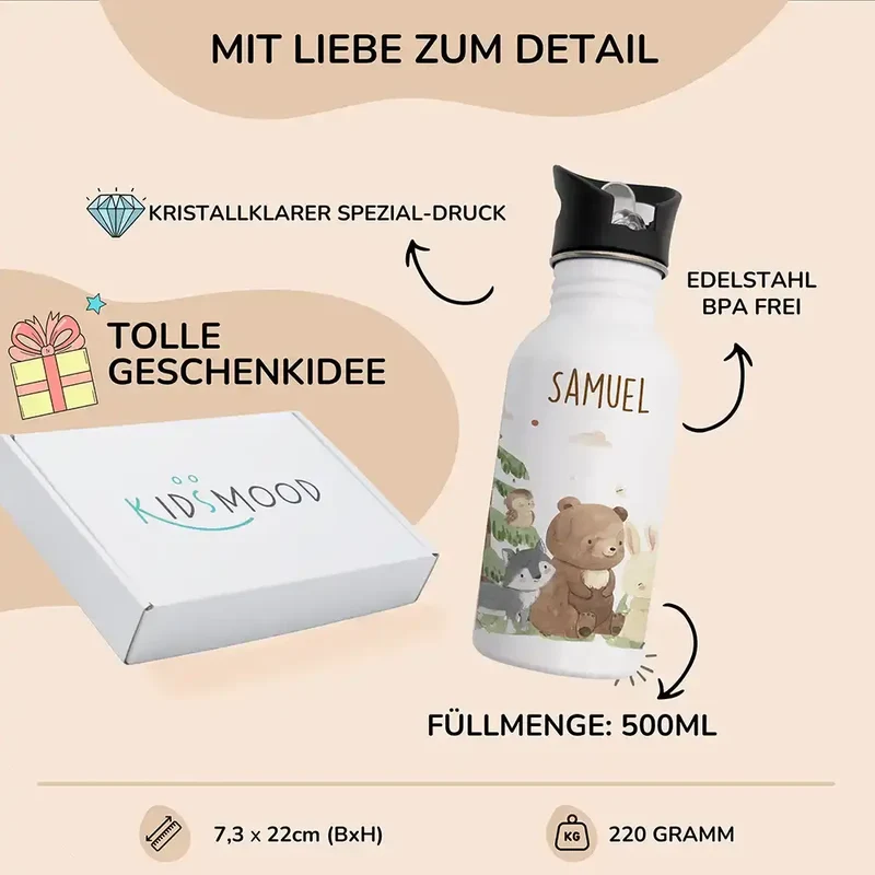 Trinkflasche Kinder Edelstahl - Waldtiere