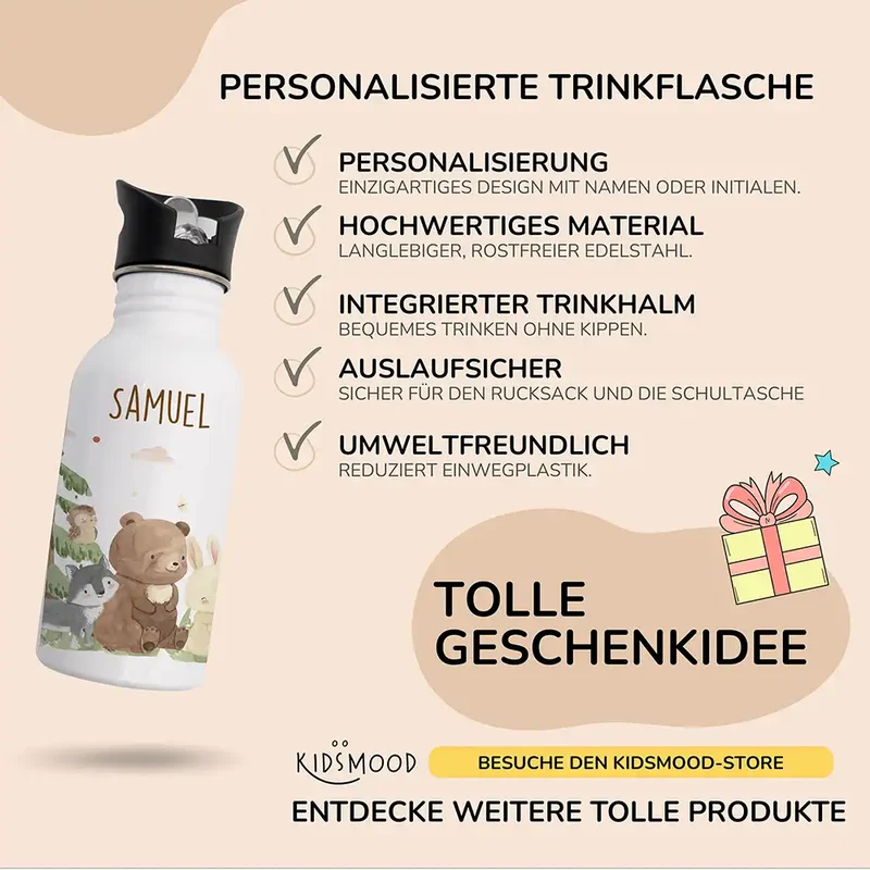 Trinkflasche Kinder Edelstahl - Waldtiere