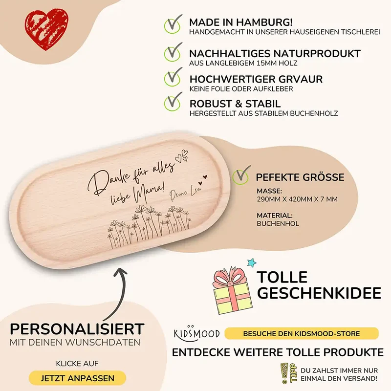 Personalisiertes Holz-Serviertablett "Danke Mama" | Muttertagsgeschenk