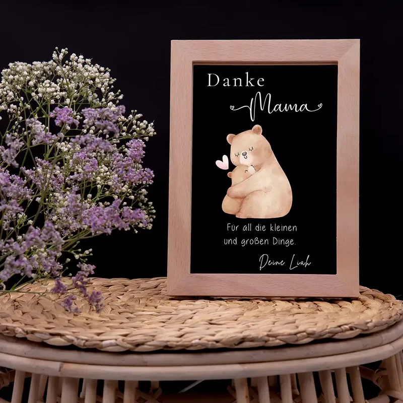LED-Bilderrahmen Nachtlicht 'Danke Mama' personalisierbar mit leuchtendem Holzrahmen