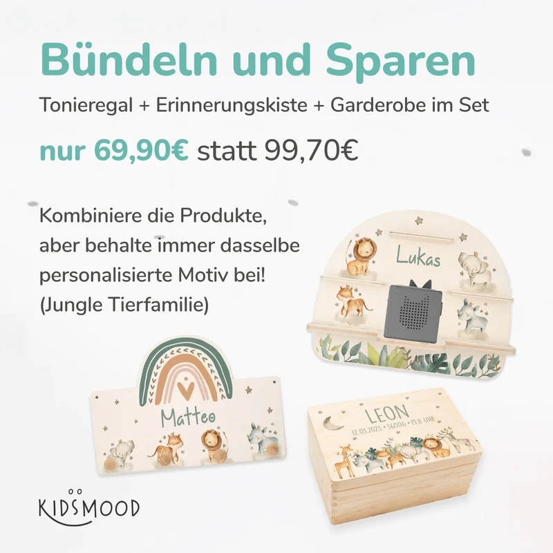 Kinderzimmer Aufbewahrung Safari-Bundle: Erinnerungskiste, Tonieregal, Garderobe