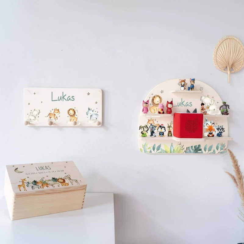 Kinderzimmer Aufbewahrung Safari-Bundle: Erinnerungskiste, Tonieregal, Garderobe