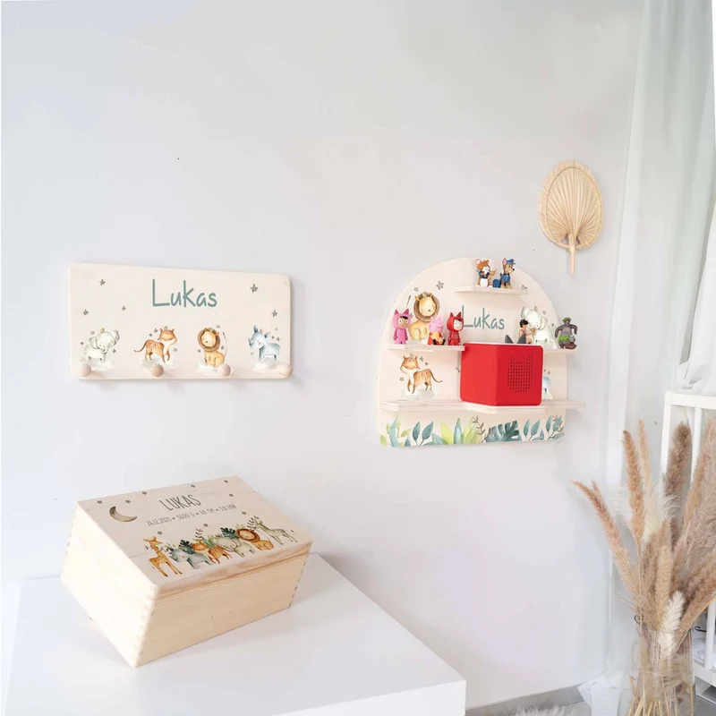 Kinderzimmer Aufbewahrung Safari-Bundle: Erinnerungskiste, Tonieregal, Garderobe