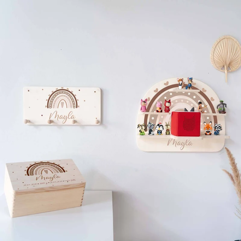 Kinderzimmer Aufbewahrung Regenbogen-Bundle 1: Erinnerungskiste, Tonieregal, Garderobe