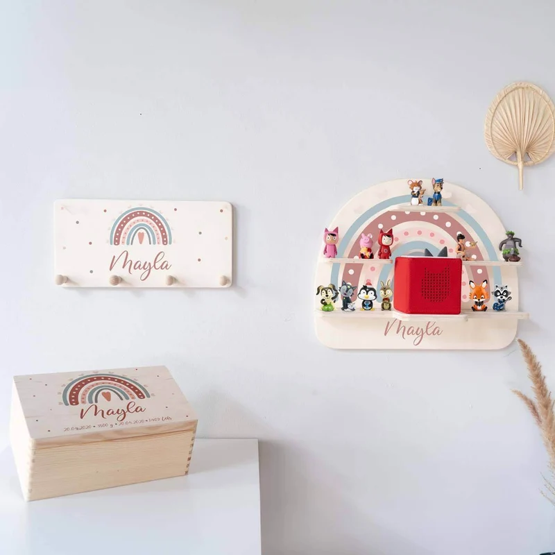 Kinderzimmer Aufbewahrung Regenbogen-Bundle 2: Erinnerungskiste, Tonieregal, Garderobe