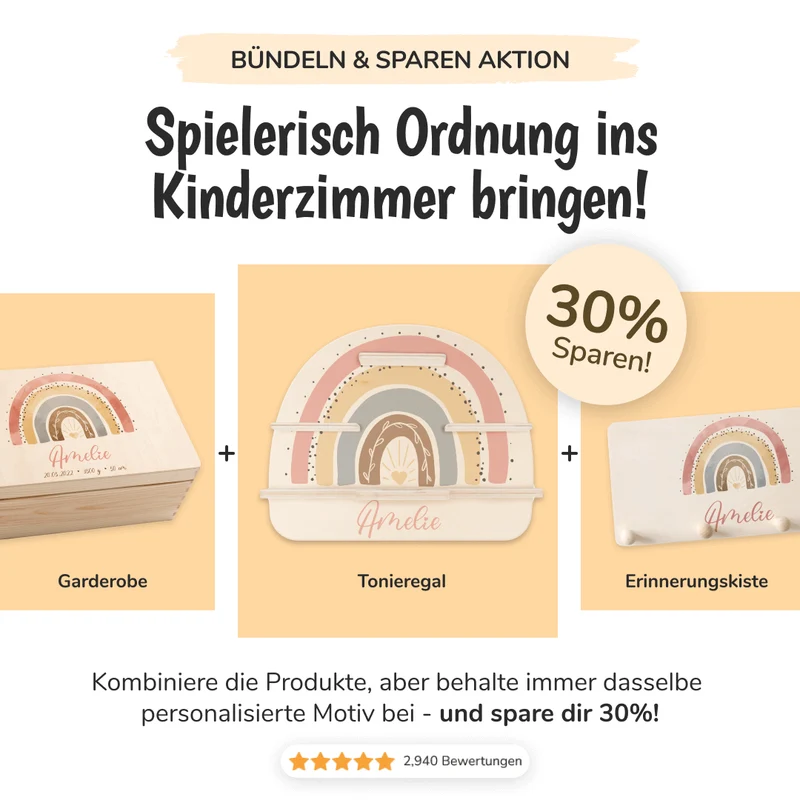 Kinderzimmer Aufbewahrung Regenbogen-Bundle 3: Erinnerungskiste, Tonieregal, Garderobe