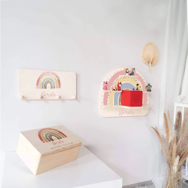 Kinderzimmer Aufbewahrung Regenbogen-Bundle 3: Erinnerungskiste, Tonieregal, Garderobe