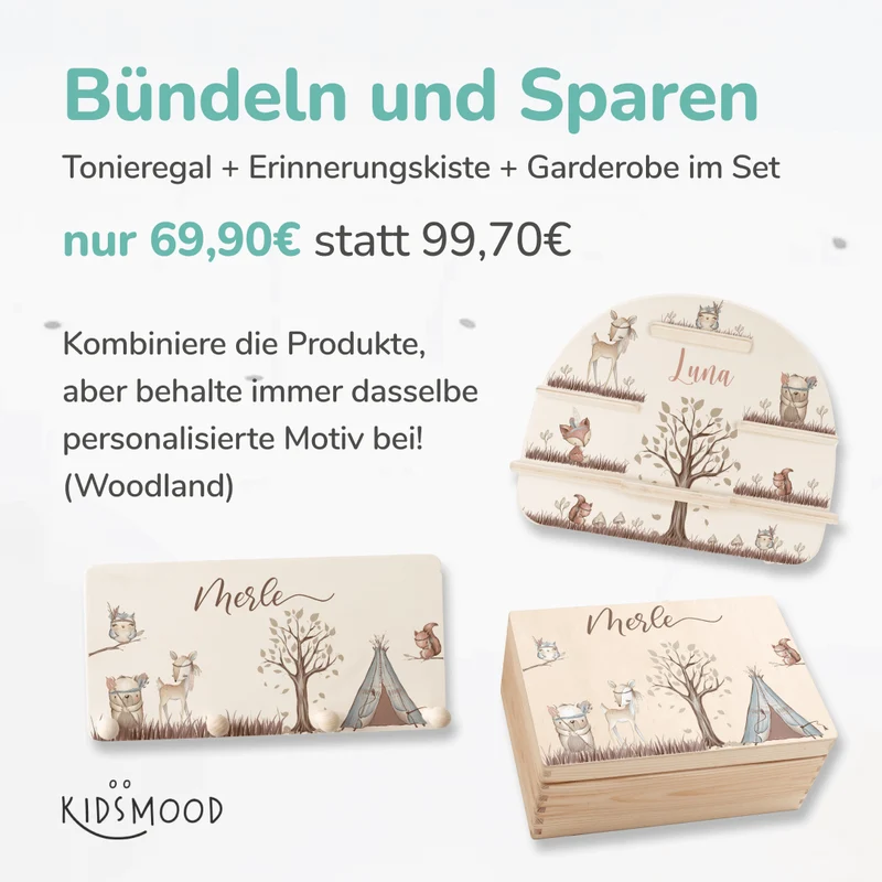 Kinderzimmer Aufbewahrung Woodland-Bundle: Erinnerungskiste, Tonieregal, Garderobe