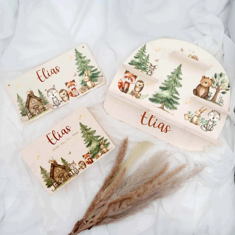 Kinderzimmer Aufbewahrung Waldtier-Bundle: Erinnerungskiste, Tonieregal, Garderobe