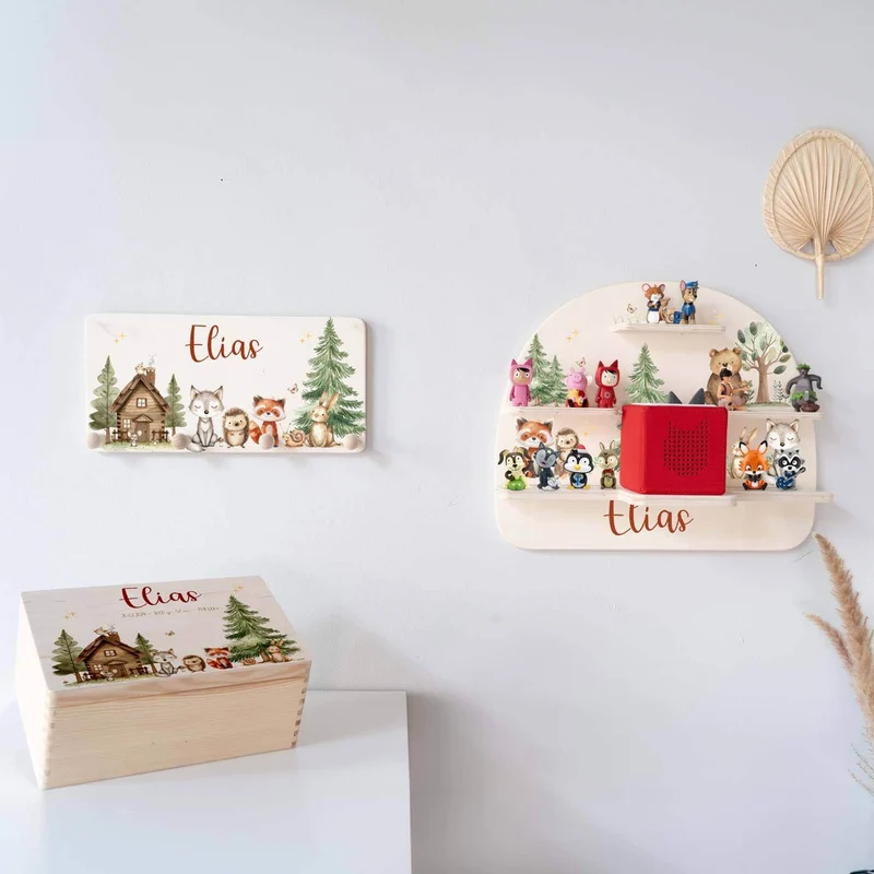 Kinderzimmer Aufbewahrung Waldtier-Bundle: Erinnerungskiste, Tonieregal, Garderobe