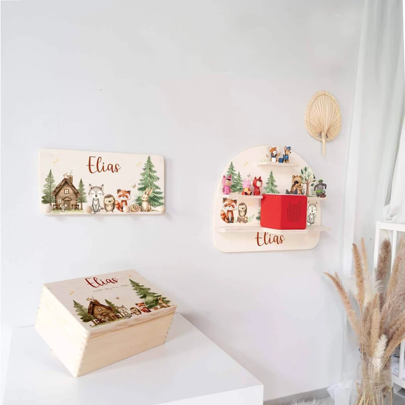 Kinderzimmer Aufbewahrung Waldtier-Bundle: Erinnerungskiste, Tonieregal, Garderobe