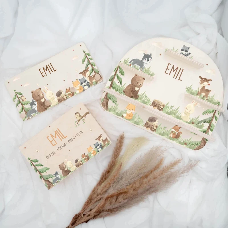 Kinderzimmer Aufbewahrung niedliche Waldtiere-Bundle: Erinnerungskiste, Tonieregal, Garderobe