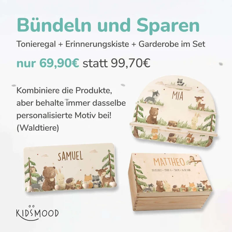 Kinderzimmer Aufbewahrung niedliche Waldtiere-Bundle: Erinnerungskiste, Tonieregal, Garderobe