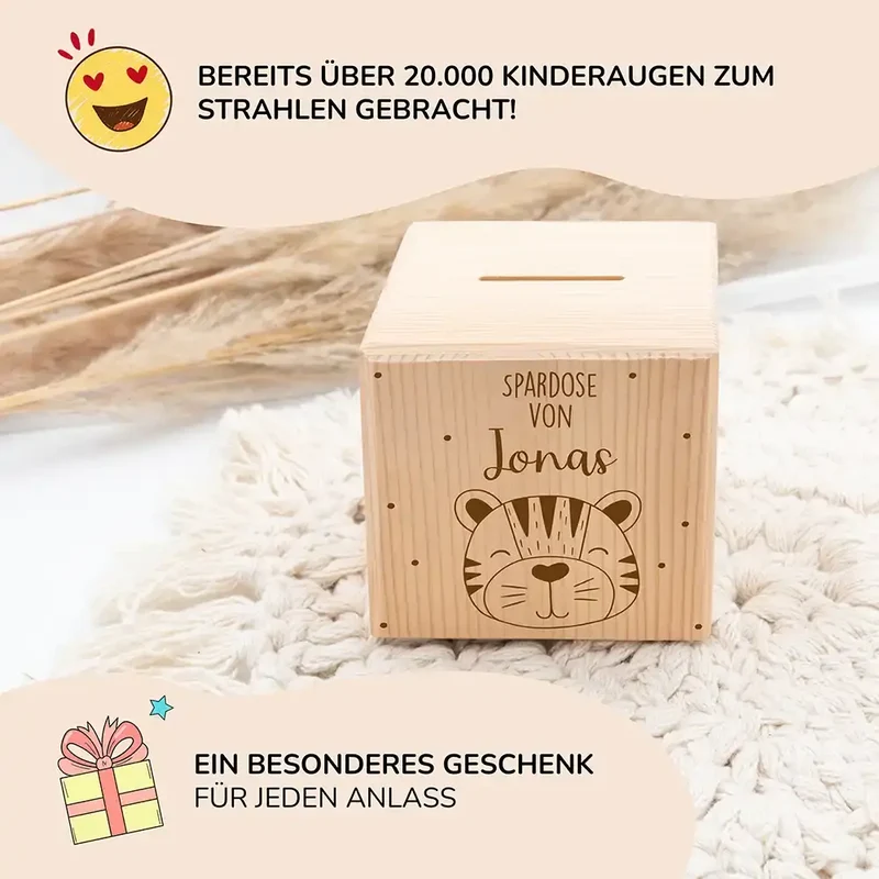 Spardose Kinder, Sparschwein personalisiert - Tiger mit Punkten