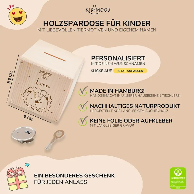 Spardose Kinder, Sparschwein personalisiert - Löwe mit Punkten