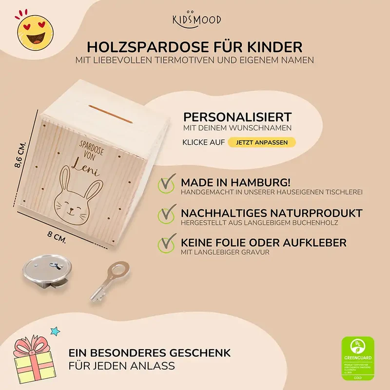 Spardose Kinder, Sparschwein personalisiert - Hase mit Punkten