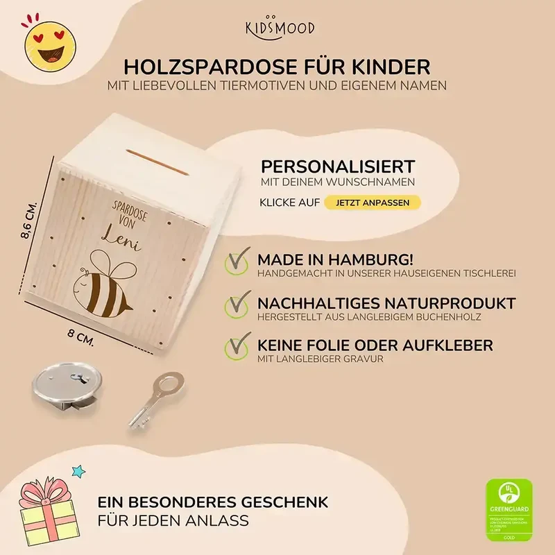 Spardose Kinder, Sparschwein personalisiert - Fuchs mit Punkten