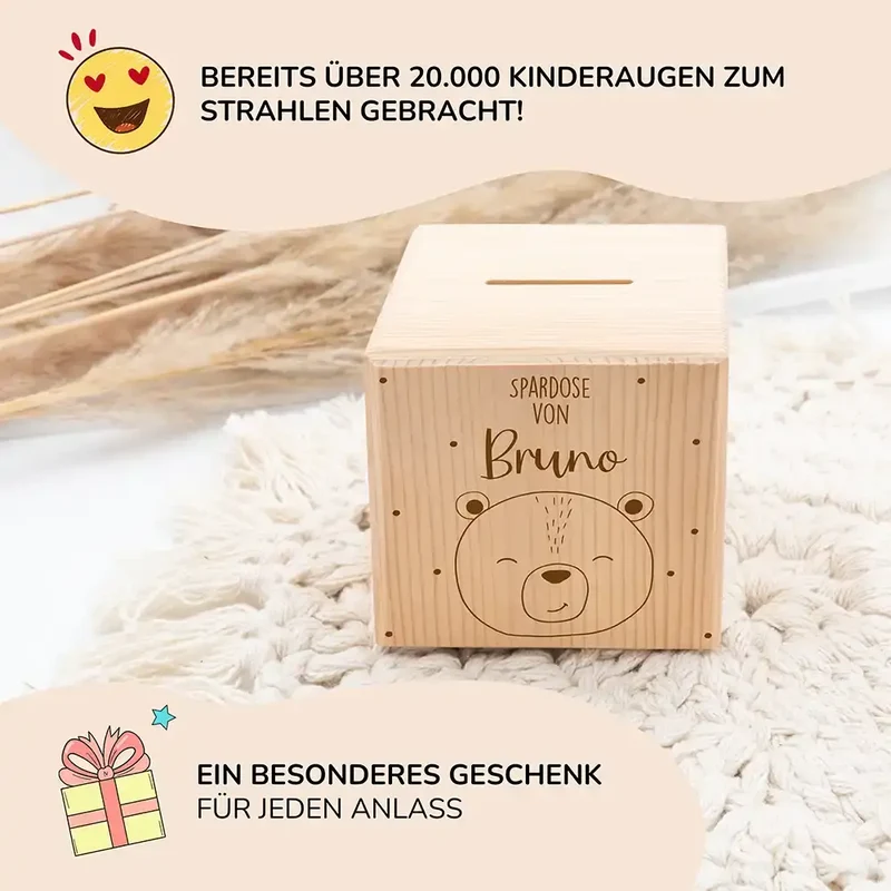 Spardose Kinder, Sparschwein personalisiert - Süßer Bär mit Punkten