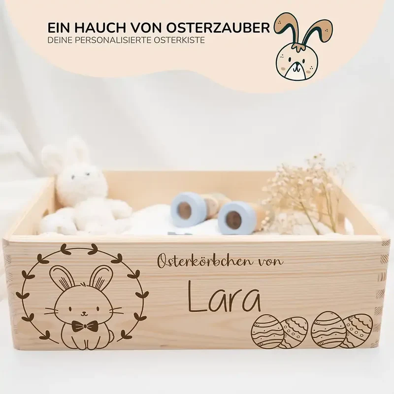 Osterkiste Holz personalisiert - Fliegen-Häschen