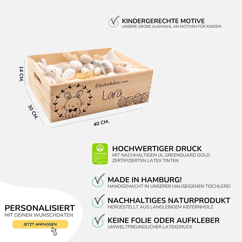 Osterkiste Holz personalisiert - Fliegen-Häschen