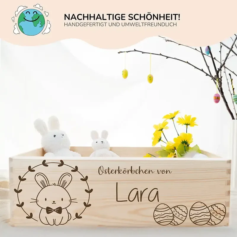 Osterkiste Holz personalisiert - Fliegen-Häschen