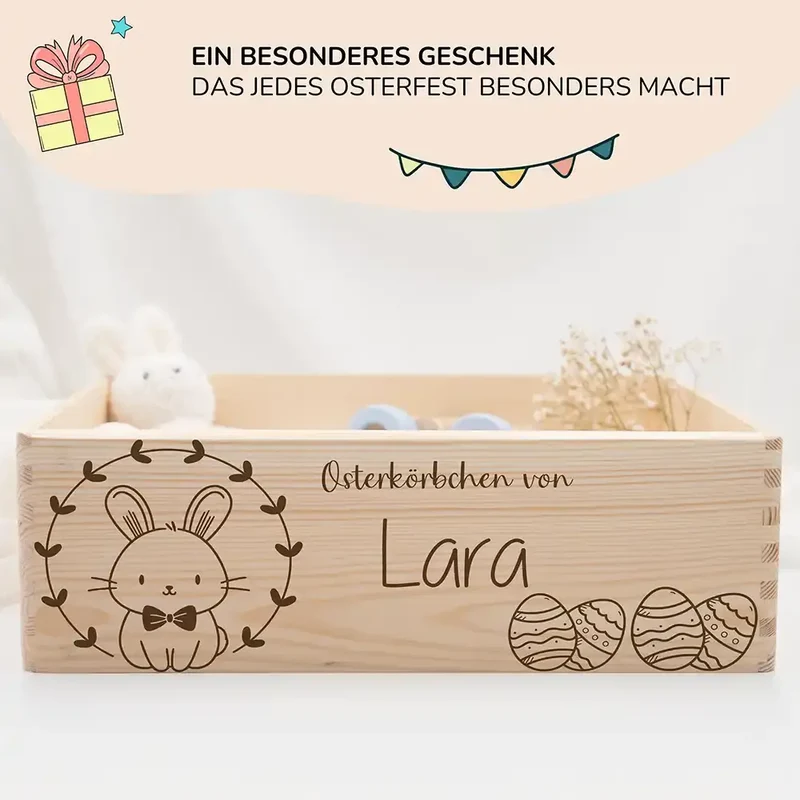 Osterkiste Holz personalisiert - Fliegen-Häschen